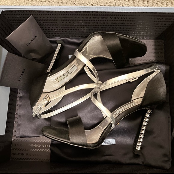 Prada Black Silver Satin Leather Diamond Jeweled CrissCross Ankle Strap Sandals - Picture 11 of 12